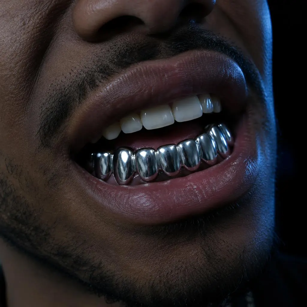 Grillz de prata maciça polida na arcada inferior