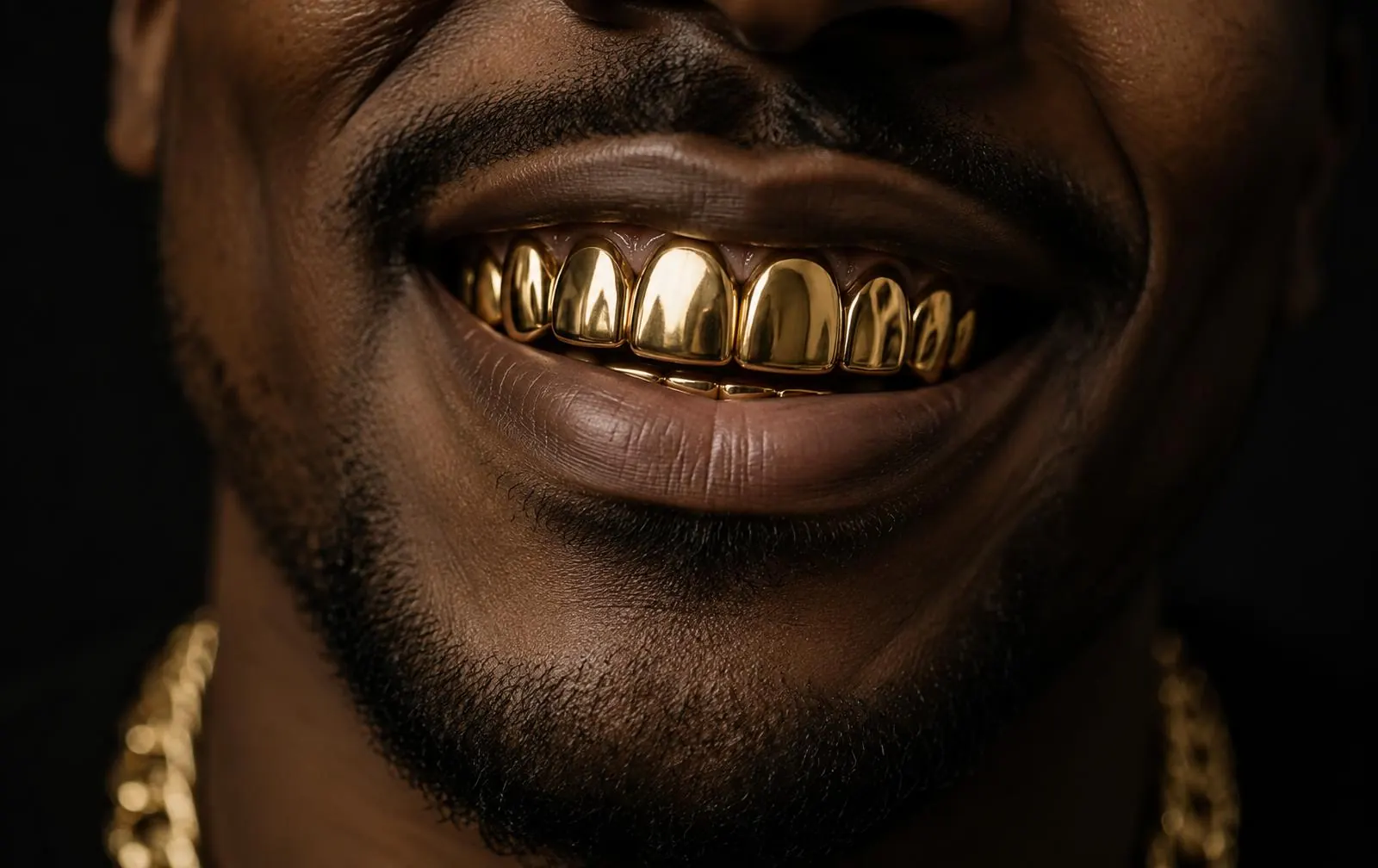 Sorriso com grillz de ouro amarelo polido nos dentes superiores