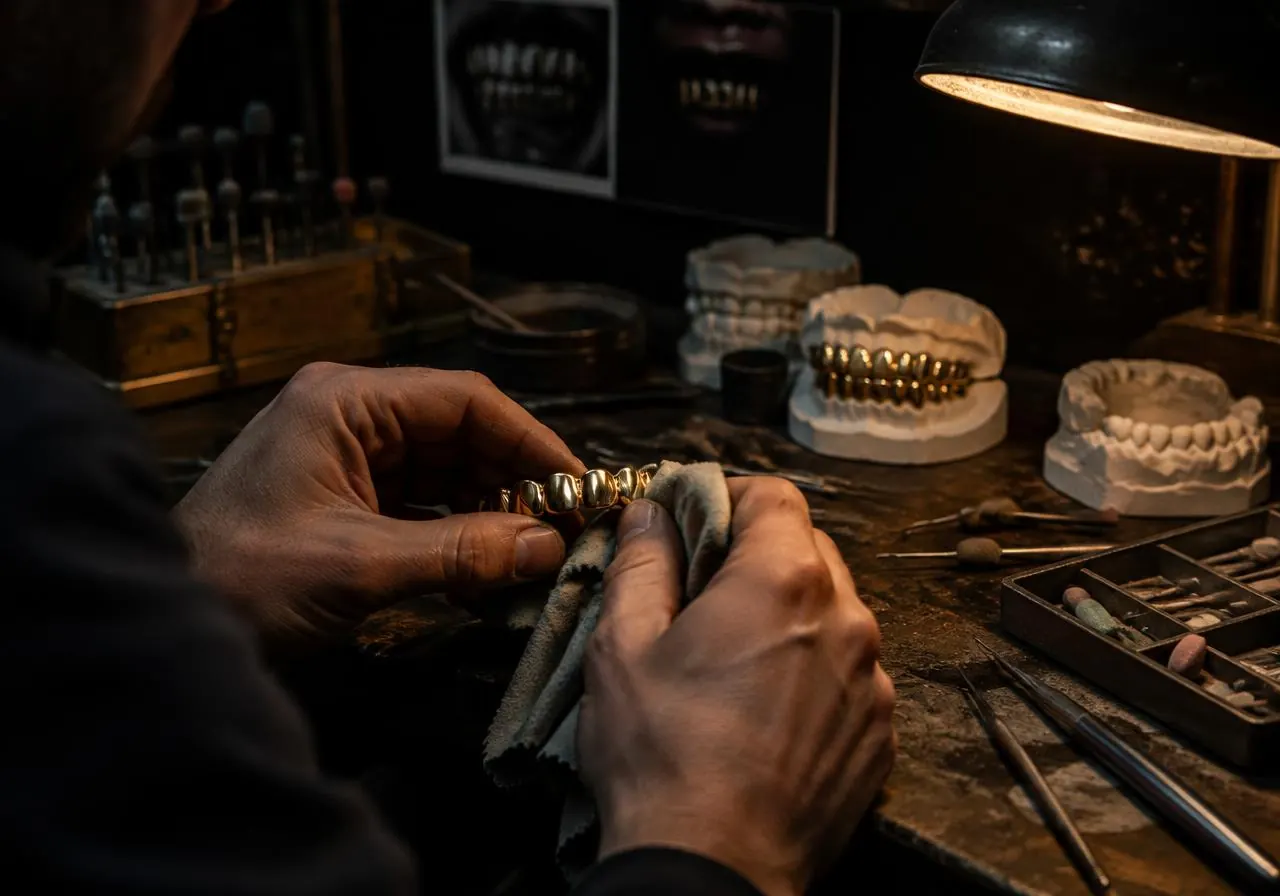 Joalheiro polindo grillz de ouro à mão em bancada com moldes dentários